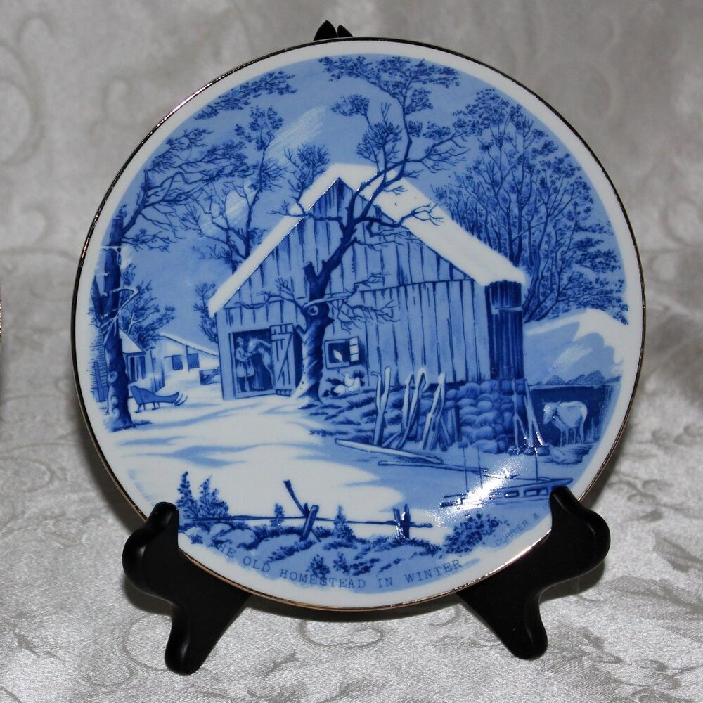 Pair of Currier & Ives Blue and White Plates | "Homestead" Collectible Plates